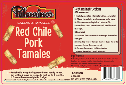 Palomino's Red Chile Pork Tamales packaging with heating instructions and ingredients list.
